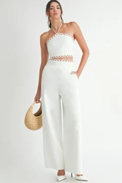 Lucia Sleeveless Halter Tie Scallop Trim Linen Top And Pants Set White