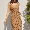 Lucy Sleeveless Polka Dot Print Wrap Midi Dress Taupe