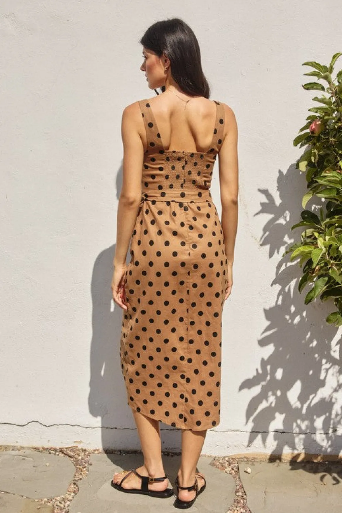 Lucy Sleeveless Polka Dot Print Wrap Midi Dress Taupe