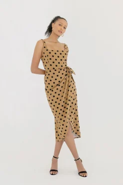 Lucy Sleeveless Polka Dot Print Wrap Midi Dress Taupe