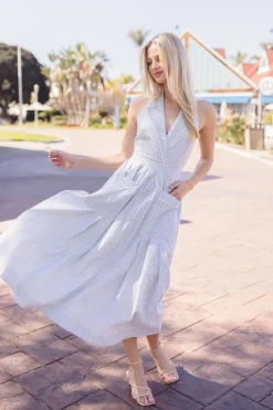 Madison Sleeveless Halter Gingham Print Midi Dress Sage