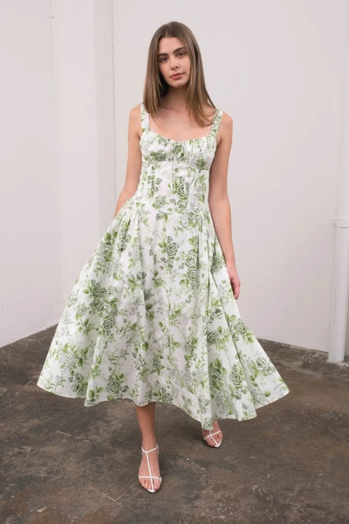 Maggie Sleeveless Corset Floral Print Midi Dress Green