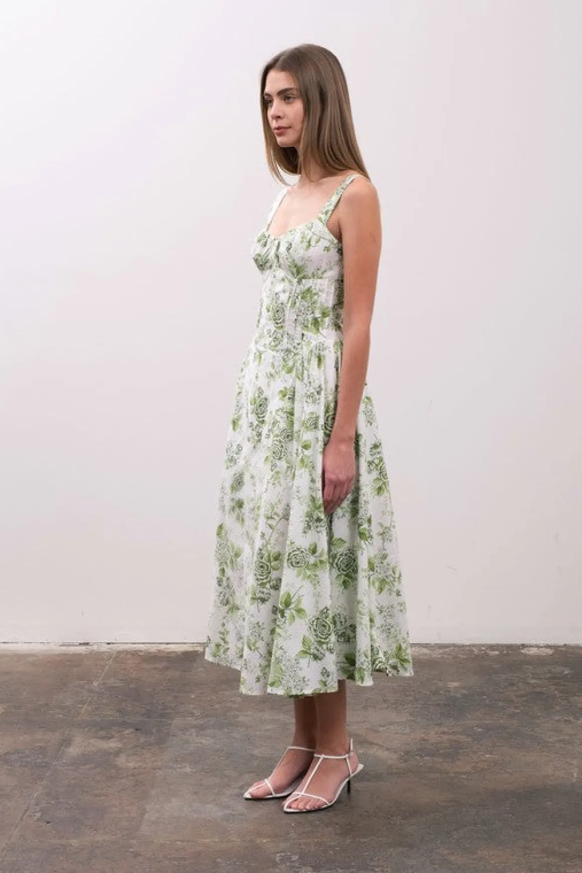 Maggie Sleeveless Corset Floral Print Midi Dress Green