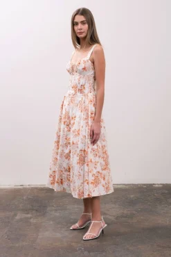 Maggie Sleeveless Corset Floral Print Midi Dress Ivory