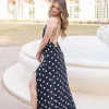 Maleah Sleeveless Low Open Back Polka Dot Print Maxi Dress Black