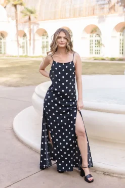 Maleah Sleeveless Low Open Back Polka Dot Print Maxi Dress Black