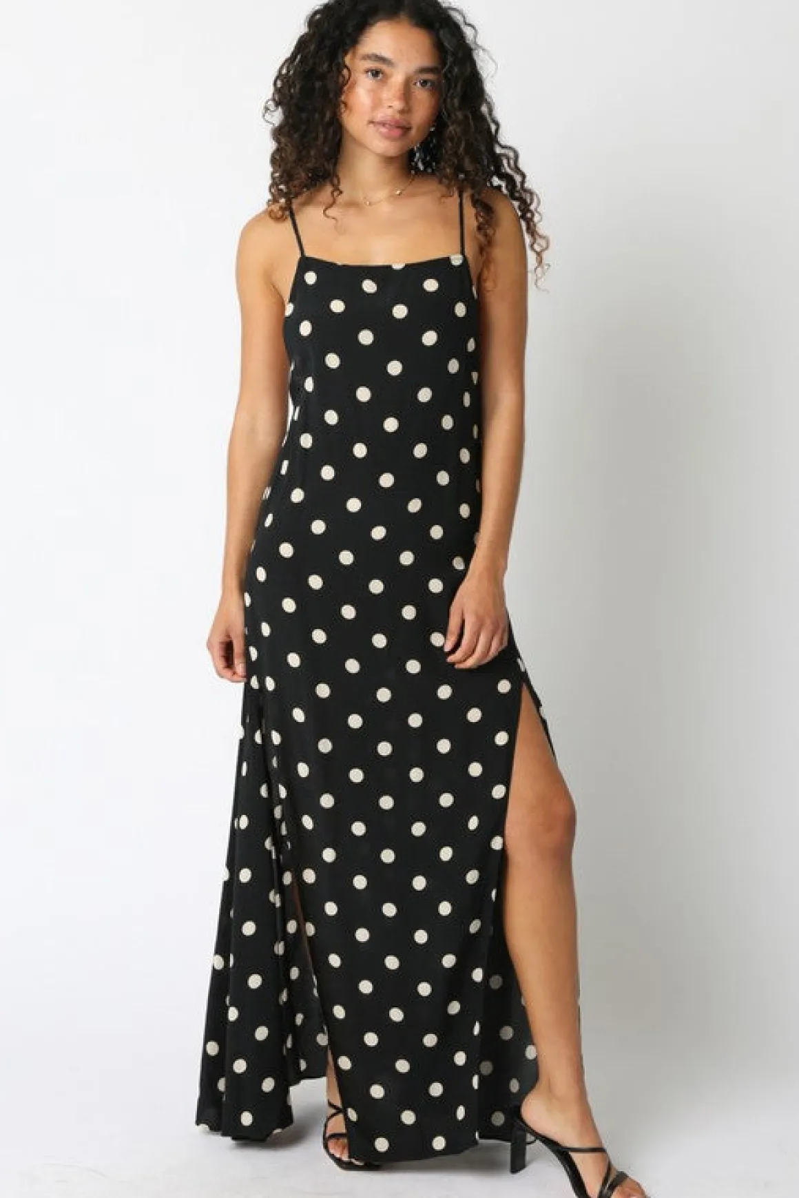 Maleah Sleeveless Low Open Back Polka Dot Print Maxi Dress Black