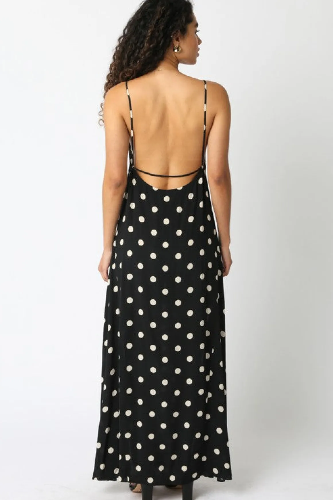 Maleah Sleeveless Low Open Back Polka Dot Print Maxi Dress Black