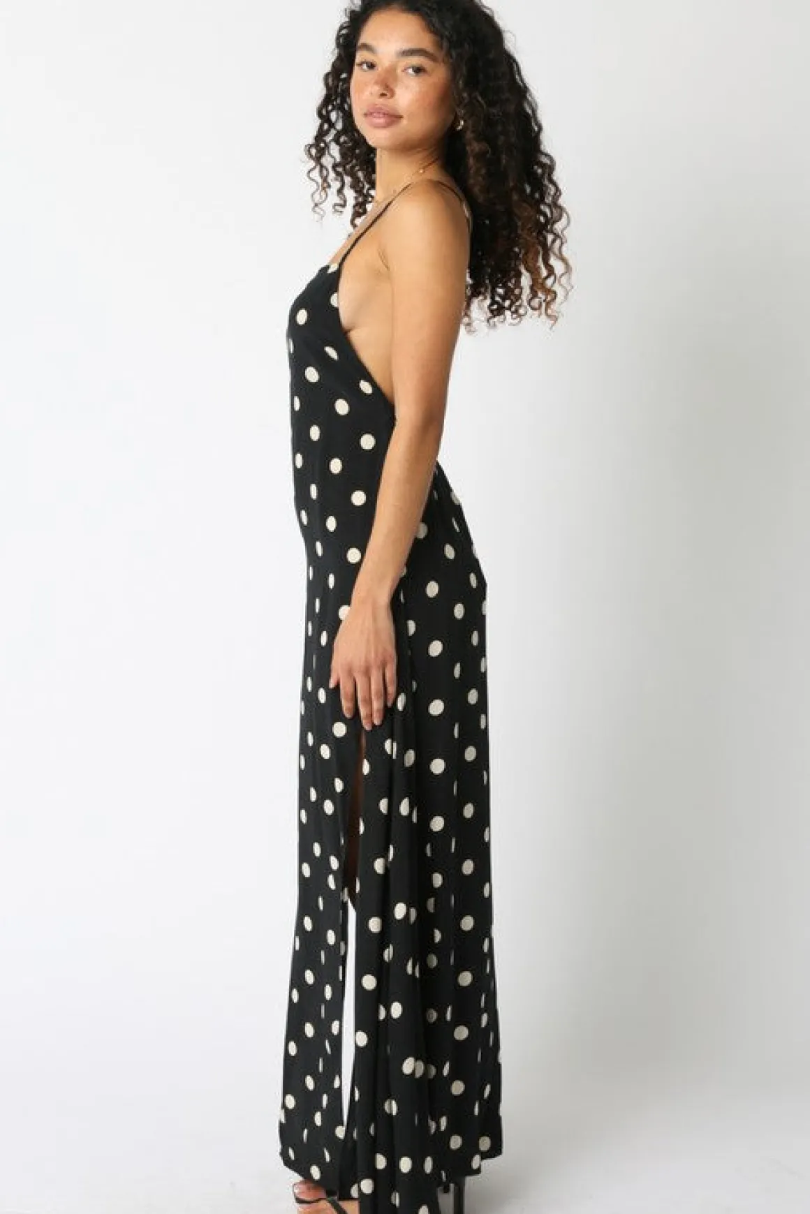 Maleah Sleeveless Low Open Back Polka Dot Print Maxi Dress Black