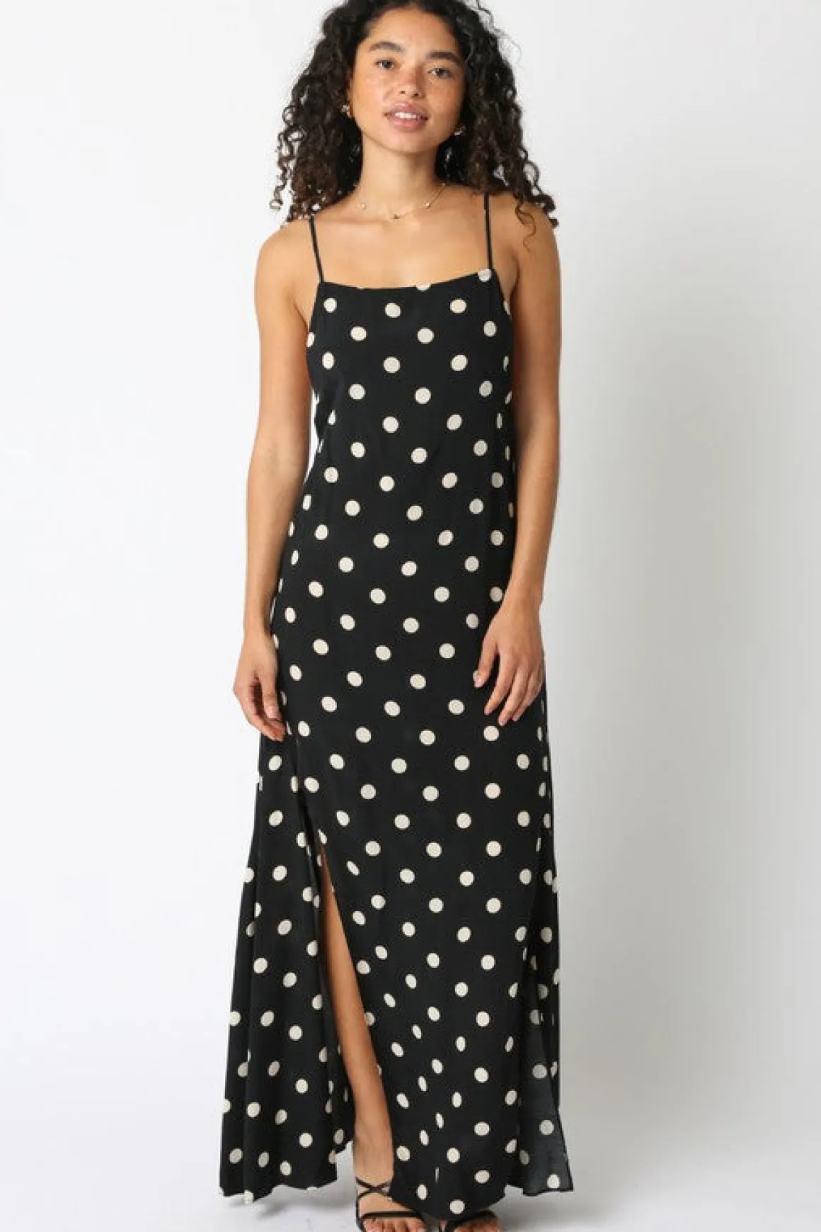 Maleah Sleeveless Low Open Back Polka Dot Print Maxi Dress Black