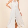 Margaret Sleeveless Halter Button Down Linen Midi Dress Natural
