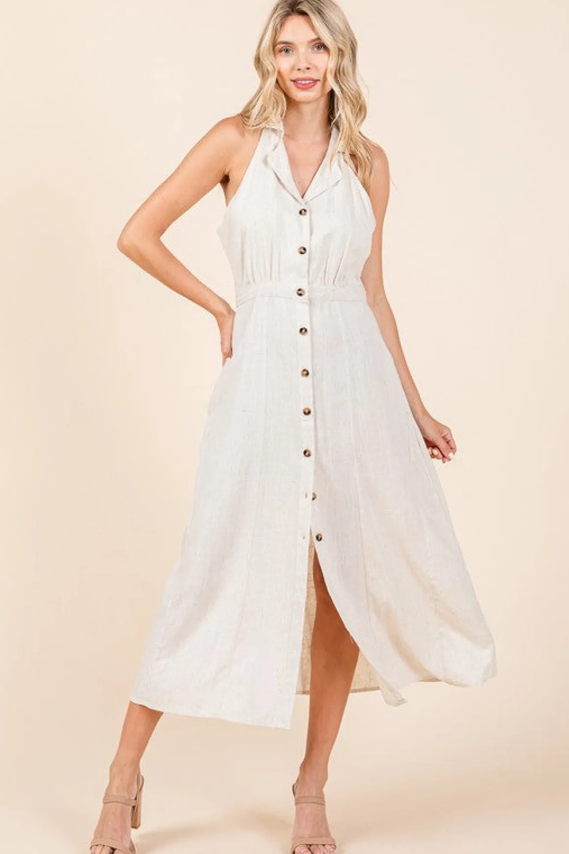Margaret Sleeveless Halter Button Down Linen Midi Dress Natural