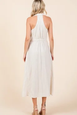 Margaret Sleeveless Halter Button Down Linen Midi Dress Natural