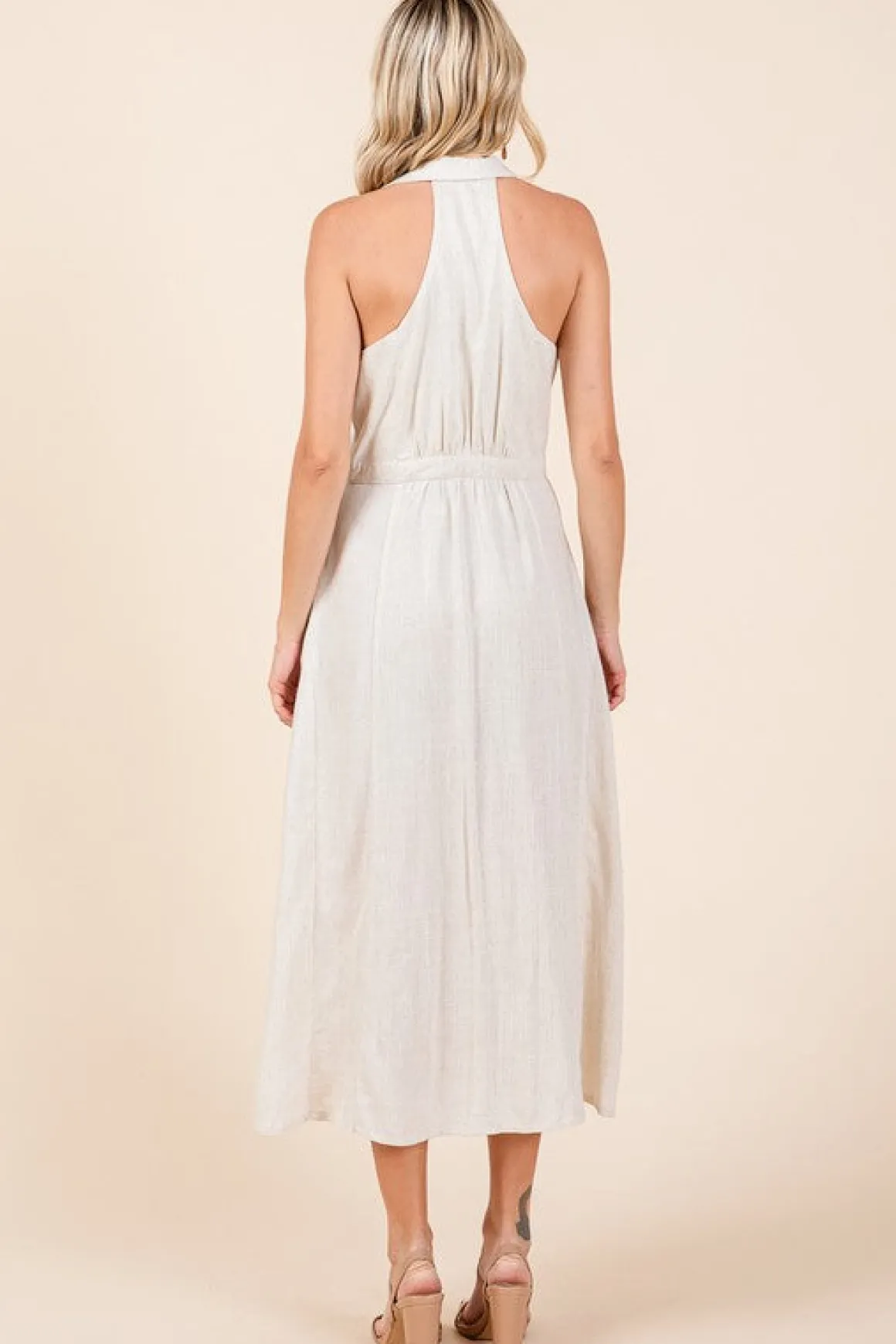 Margaret Sleeveless Halter Button Down Linen Midi Dress Natural