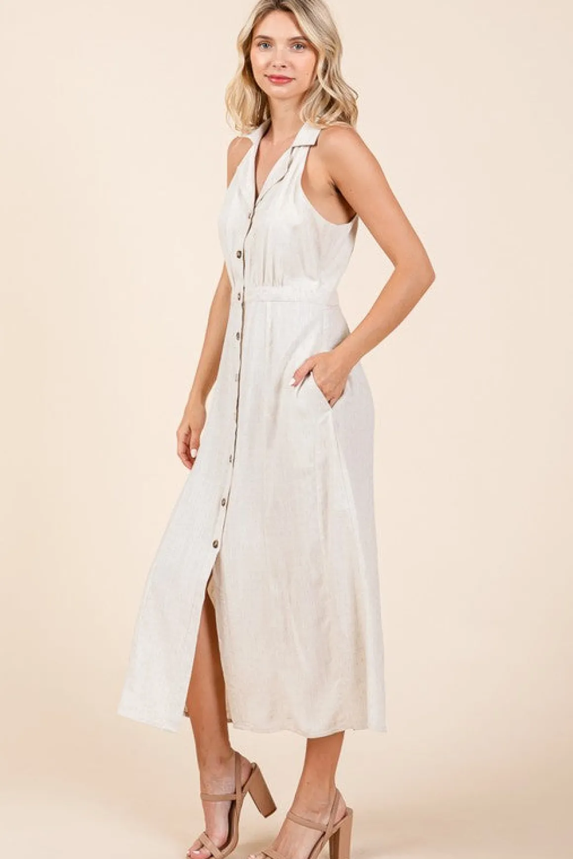 Margaret Sleeveless Halter Button Down Linen Midi Dress Natural