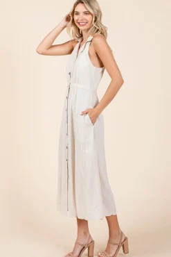 Margaret Sleeveless Halter Button Down Linen Midi Dress Natural