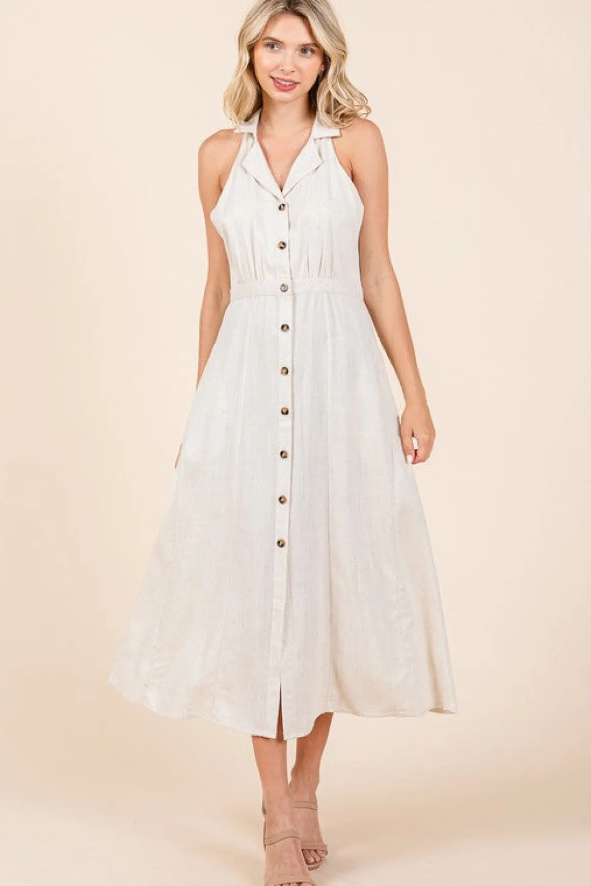 Margaret Sleeveless Halter Button Down Linen Midi Dress Natural