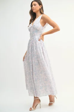 Mariah Sleeveless Corset Floral Print Midi Dress Blue