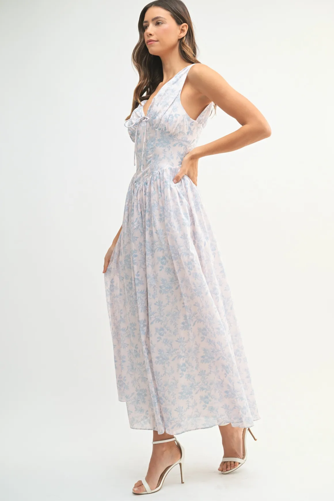 Mariah Sleeveless Corset Floral Print Midi Dress Blue