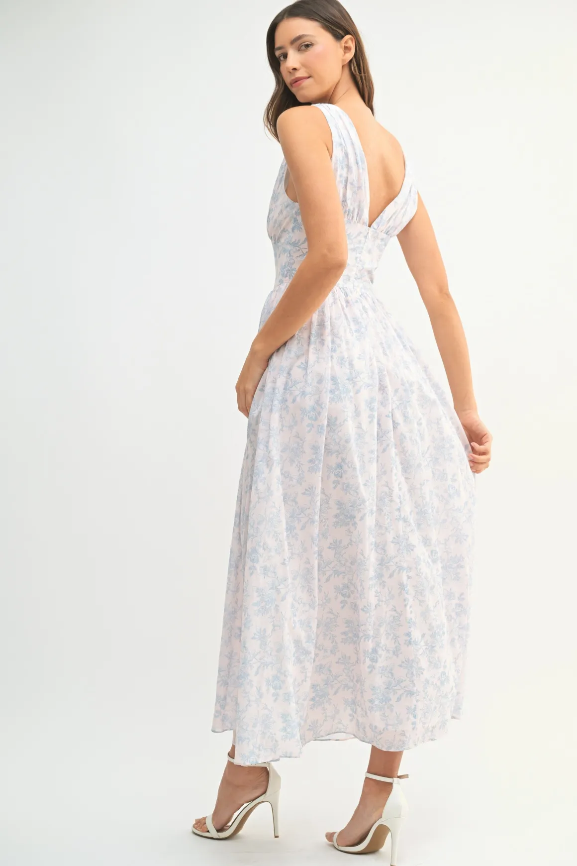 Mariah Sleeveless Corset Floral Print Midi Dress Blue