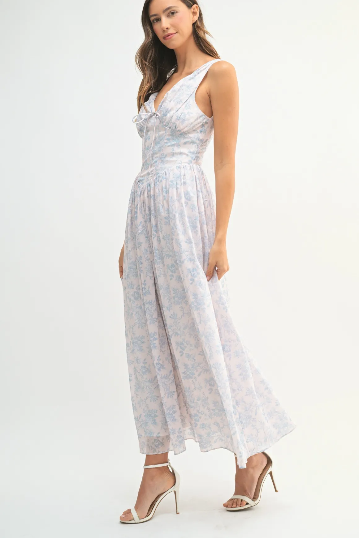 Mariah Sleeveless Corset Floral Print Midi Dress Blue