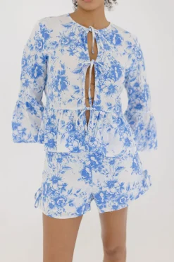 Maribel 3/4 Ruffle Sleeve Front Tie Floral Print Top Blue