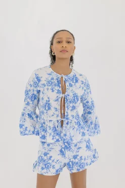 Maribel 3/4 Ruffle Sleeve Front Tie Floral Print Top Blue