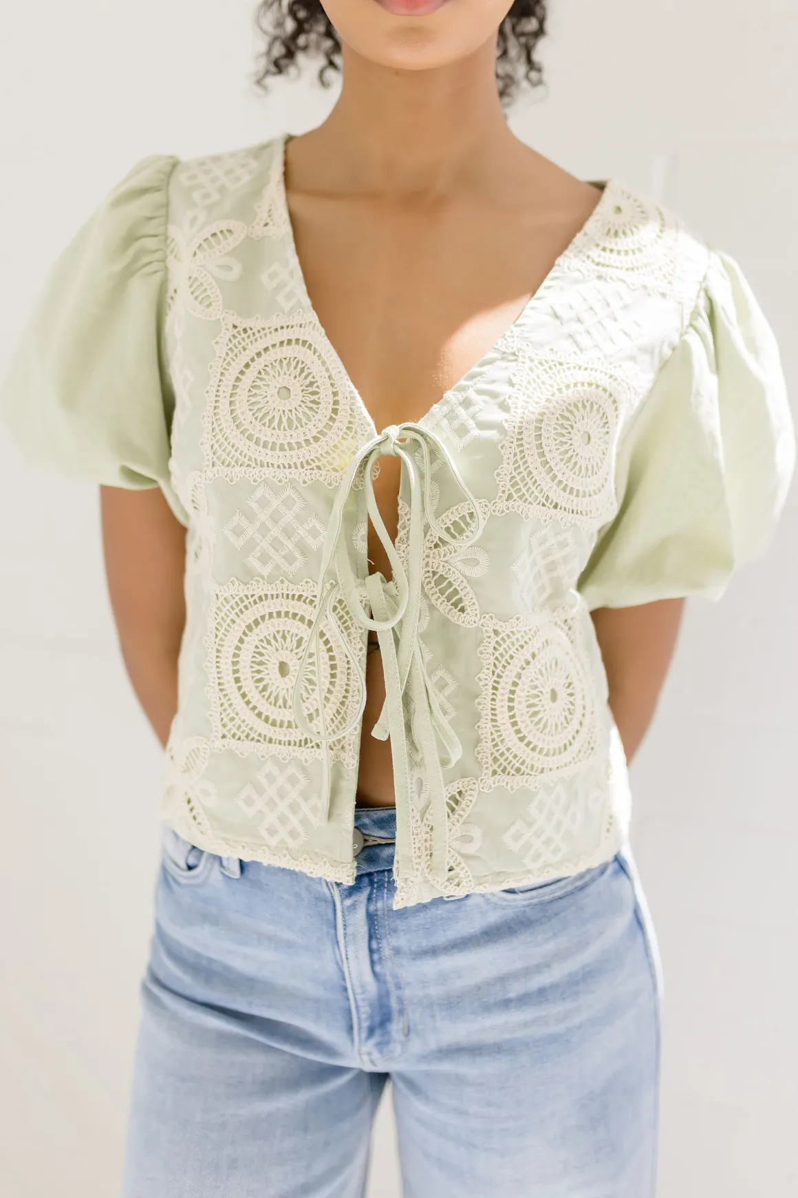Marina Short Puff Sleeve Front Tie Crochet Embroidered Top Sage