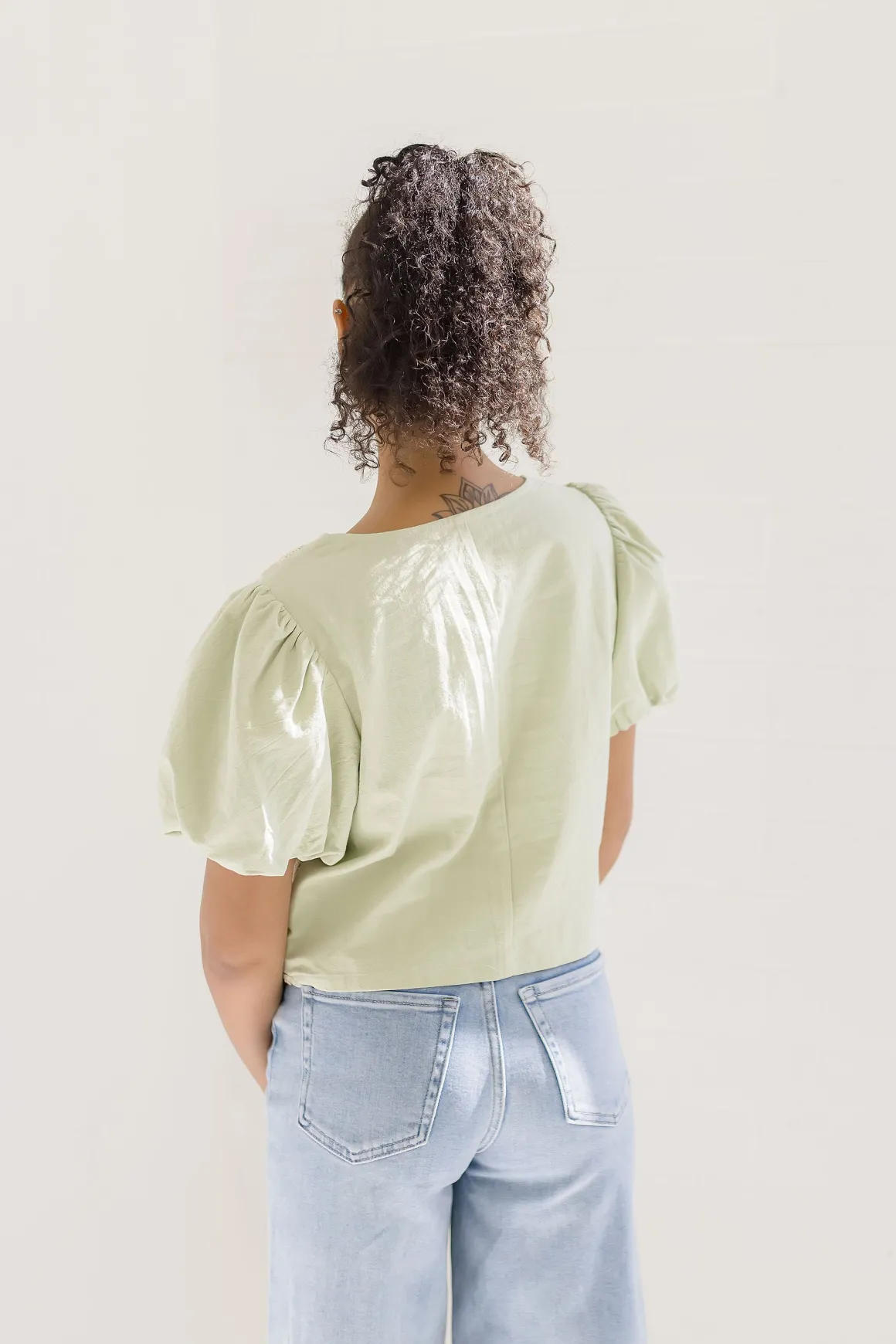 Marina Short Puff Sleeve Front Tie Crochet Embroidered Top Sage
