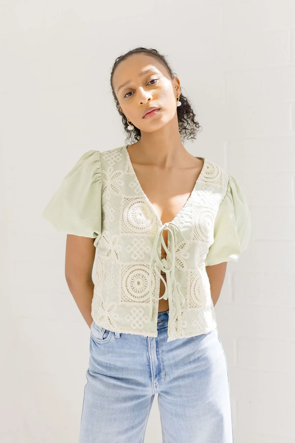 Marina Short Puff Sleeve Front Tie Crochet Embroidered Top Sage