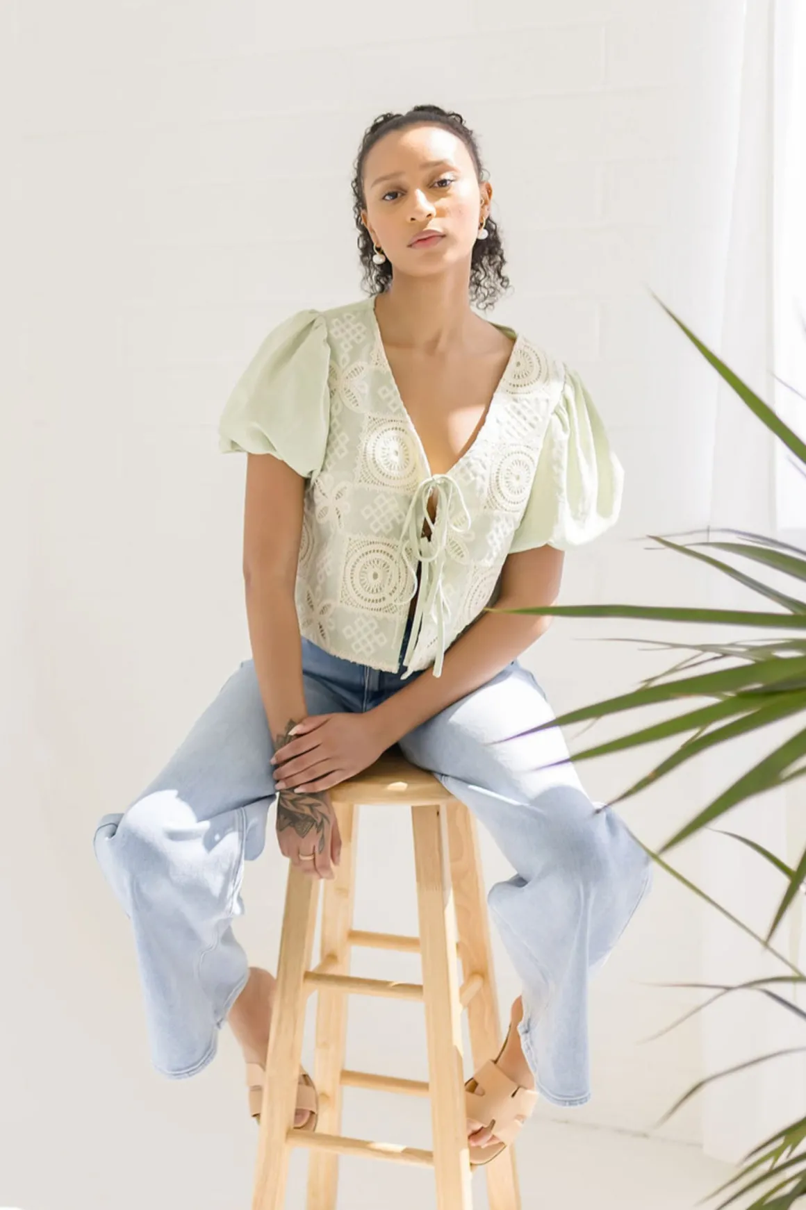 Marina Short Puff Sleeve Front Tie Crochet Embroidered Top Sage