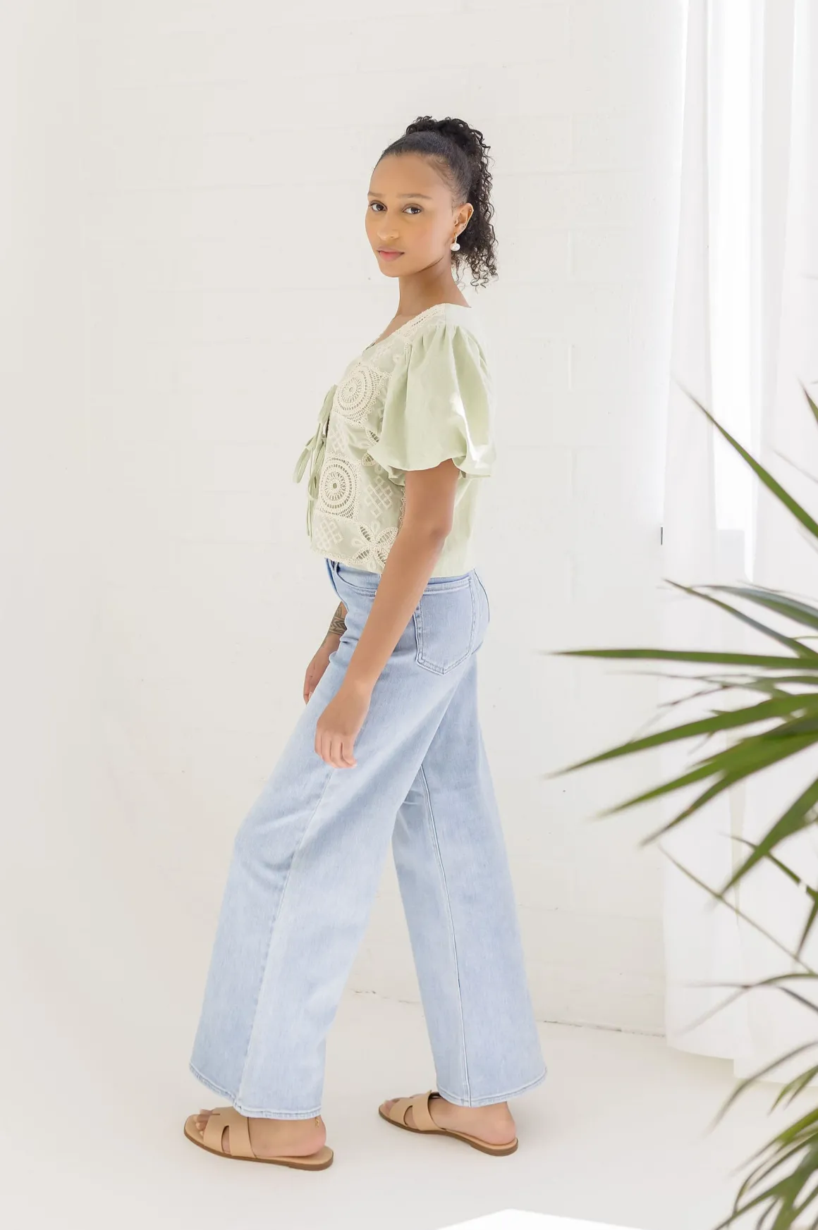 Marina Short Puff Sleeve Front Tie Crochet Embroidered Top Sage