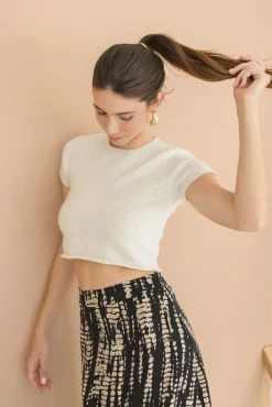 Maryann Short Sleeve Cropped Sweater Top Cream