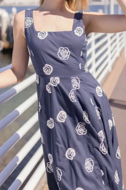 Melanie Sleeveless Embroidered Floral Midi Dress Navy