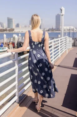 Melanie Sleeveless Embroidered Floral Midi Dress Navy
