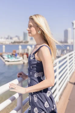 Melanie Sleeveless Embroidered Floral Midi Dress Navy
