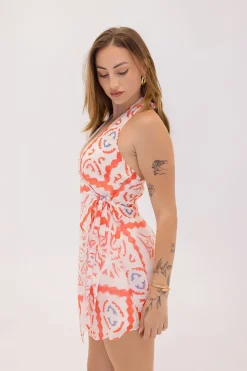 Michelle Sleeveless Halter Mosaic Print Wrap Mini Dress Red