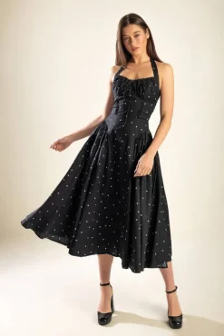 Mika Sleeveless Halter Heart Print Midi Dress Black