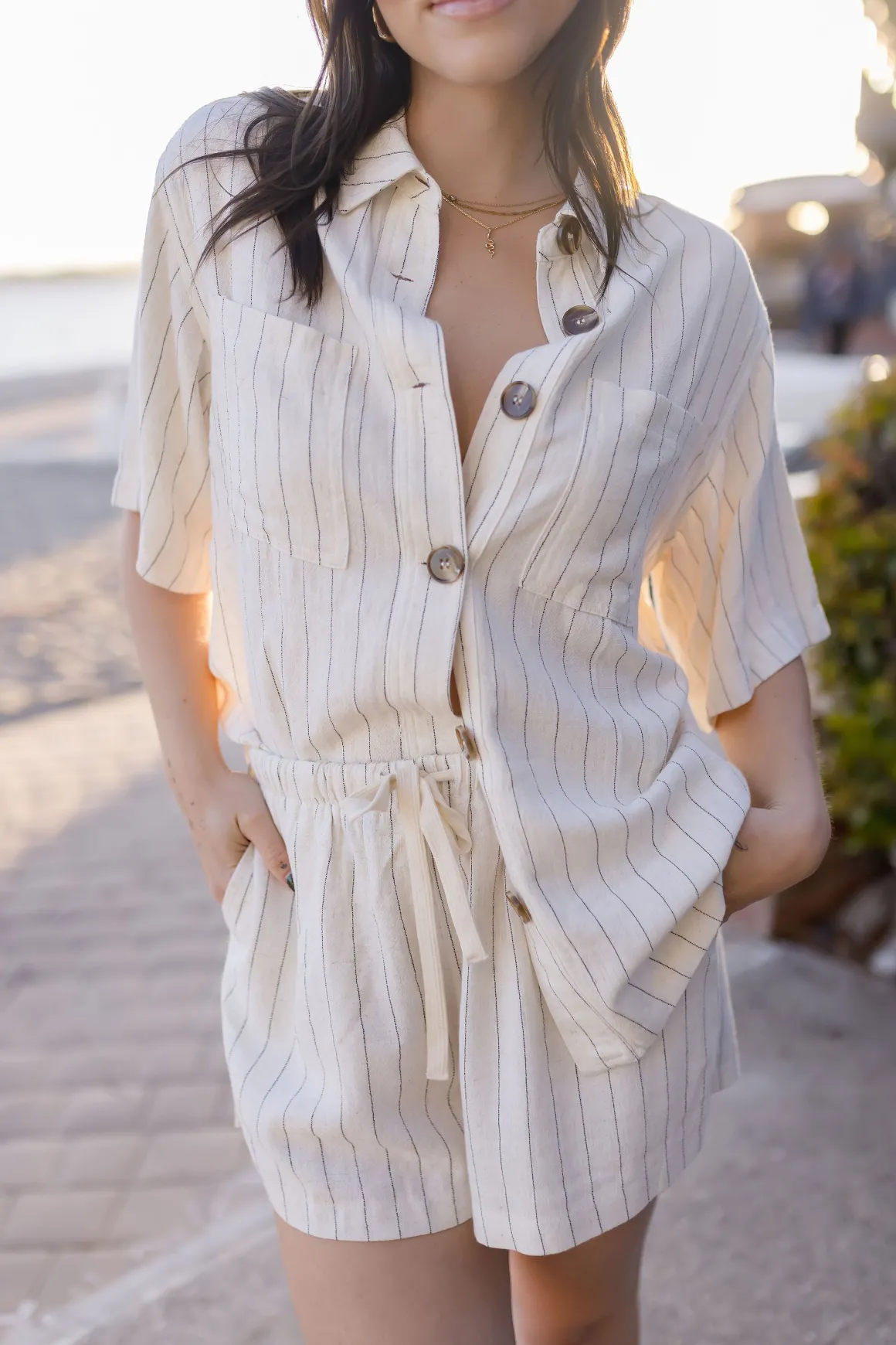 Mila Short Sleeve Button Down Stripe Print Linen Top Natural