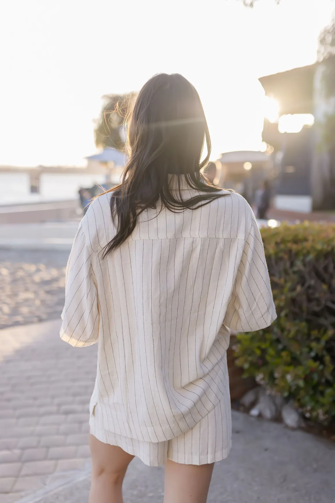 Mila Short Sleeve Button Down Stripe Print Linen Top Natural