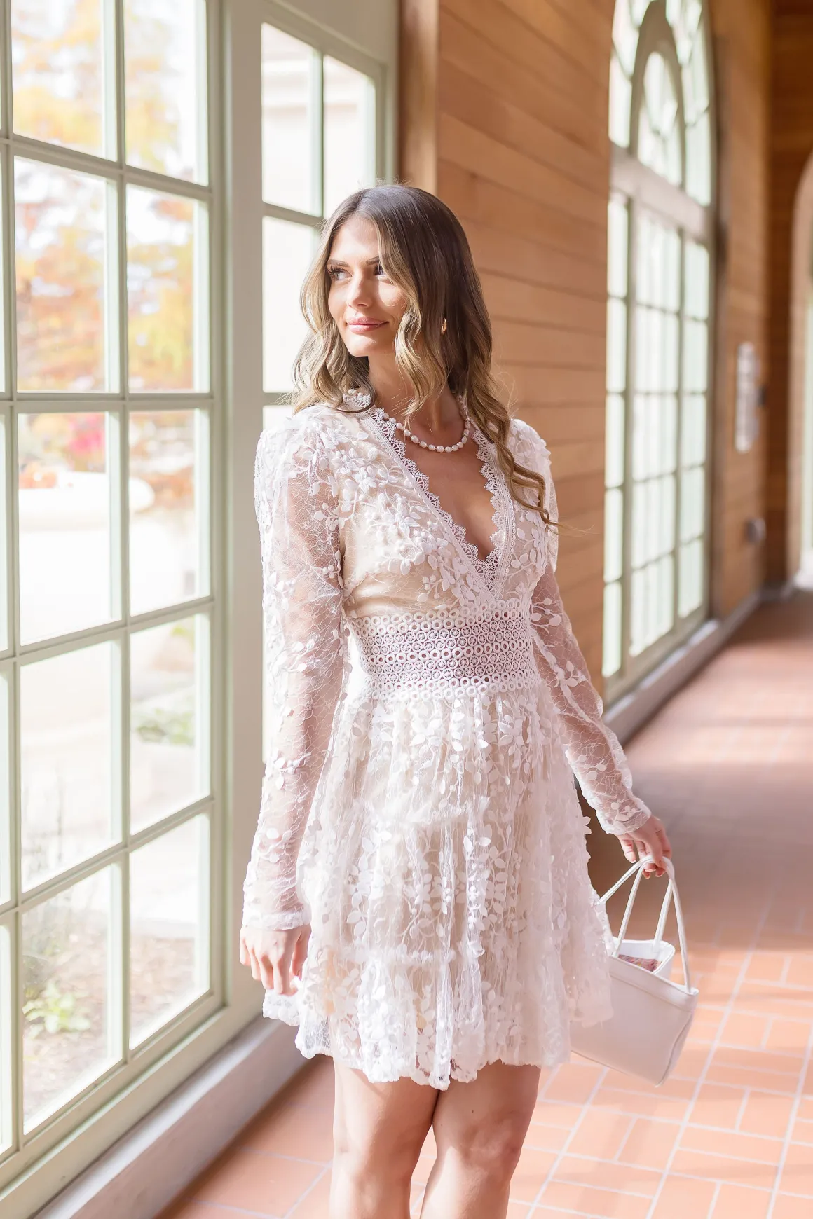 Myra Long Sleeve Lace Crochet Mini Dress White