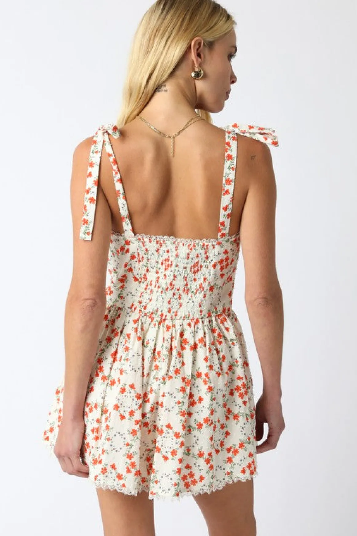 Nadia Sleeveless Shoulder Tie Floral Print Romper Orange