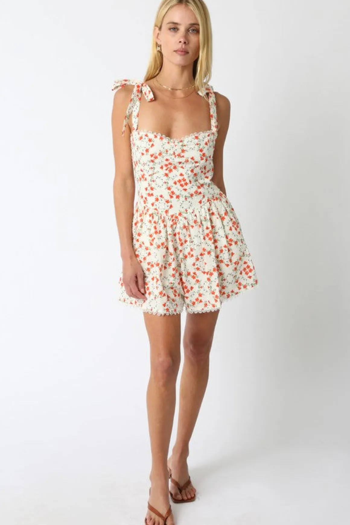 Nadia Sleeveless Shoulder Tie Floral Print Romper Orange