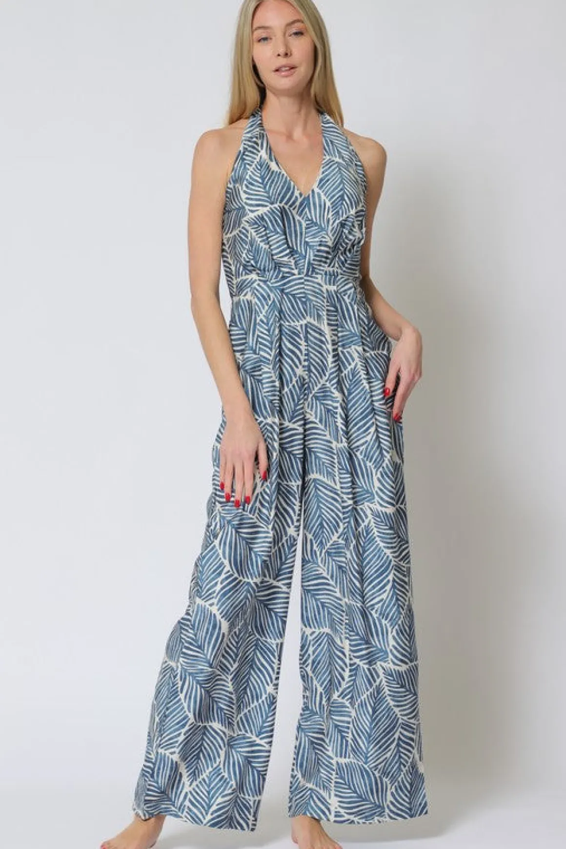 Natalia Halter Tie Tropical Print Wide Leg Jumpsuit Blue