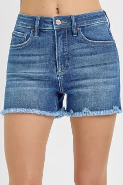 Nina High Rise Tummy Control Fray Hem Denim Shorts Medium Wash