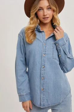 Olive Long Sleeve Button Down Denim Top Light Wash