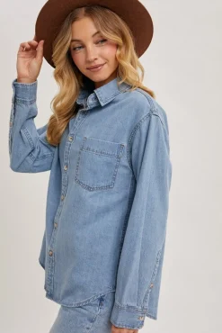 Olive Long Sleeve Button Down Denim Top Light Wash