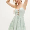 Ophelia Sleeveless Cut Out Stripe Print Linen Mini Dress Green