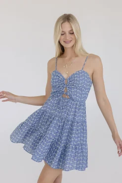 Ophelia Sleeveless Cut Out Embroidered Linen Mini Dress Blue