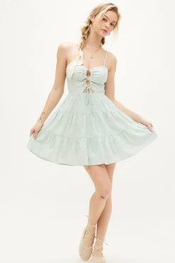 Ophelia Sleeveless Cut Out Stripe Print Linen Mini Dress Green